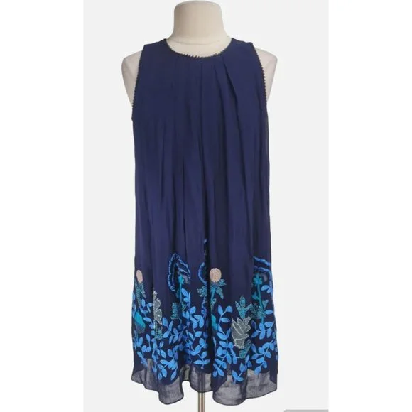 Anthropologie | Dresses | Anthropologie Womens Mini Plated Flare Tank Dress  Size 6 Blue Embordered 29p | Poshmark